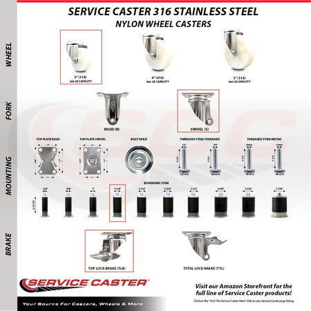 Service Caster 3 Inch 316SS Nylon Wheel Swivel 1-1/8 Inch Expanding Stem Caster Brake SCC, 2PK SCC-SS316EX20S314-NYS-2-TLB-2-118